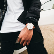 Rose, white and silver Stainless Steel Classic Watch with a brown Full Grain Leather Strap for men by GenerationNow, Model Icarus, worn by model